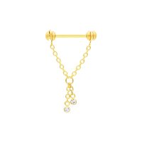 Goldener Nippel Barbell mit zwei hängenden Kristallketten auf weißem Hintergrund