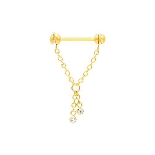 Goldener Nippel Barbell mit zwei hängenden Kristallketten auf weißem Hintergrund