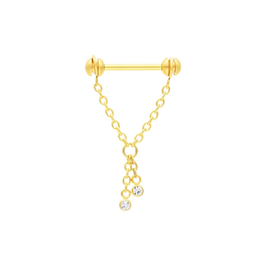 Goldener Nippel Barbell mit zwei hängenden Kristallketten auf weißem Hintergrund
