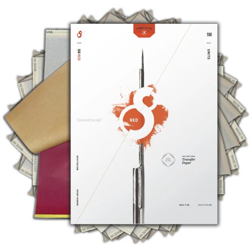 Packung RED Tattoo Schablonenpapier, weiß mit rotem Logo, 100 Blatt