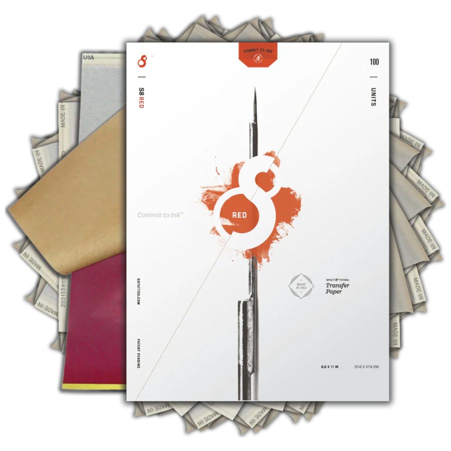 Packung RED Tattoo Schablonenpapier, weiß mit rotem Logo, 100 Blatt