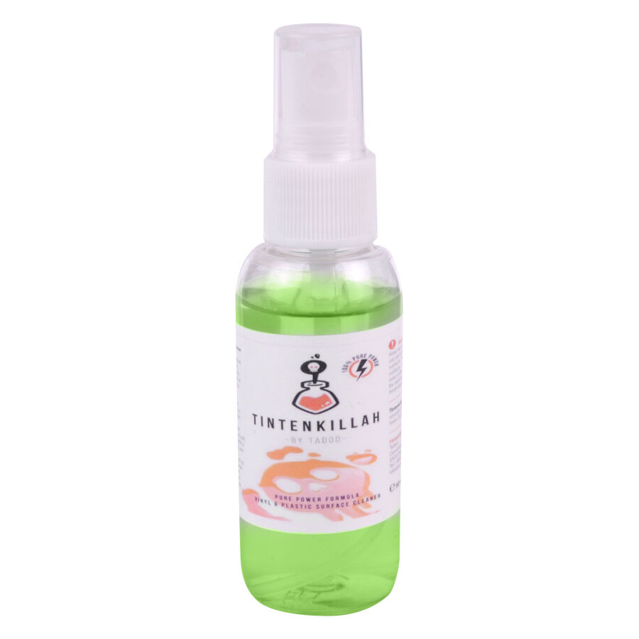 Grüne Tadoo Tintenkillah 50 ml Sprayflasche mit weißem Etikett auf weißem Hintergrund