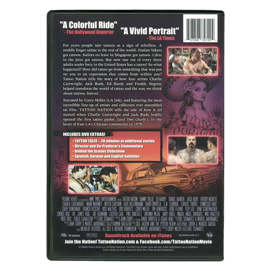 Rückseite der Tattoo Nation DVD mit Text und Bildern, schwarzer Hintergrund
