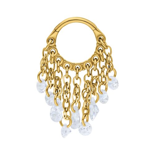 Goldener Piercing Clicker mit kristallklaren Anhängern auf weißem Hintergrund