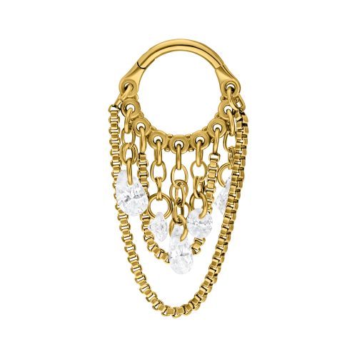 Goldener Piercing-Clicker mit klaren Kristallen und Schlangenkettendesign auf weißem Hintergrund