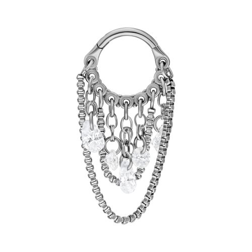Silberner Titan-Piercingring mit hängenden Kristallen auf weißem Hintergrund