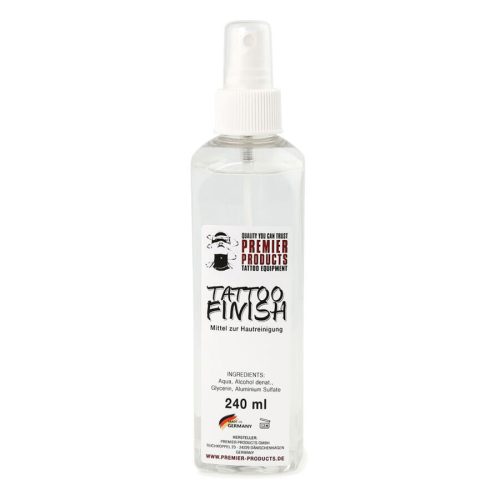 Transparente 240 ml Sprühflasche mit Tattoofinish-Logo auf weißem Hintergrund