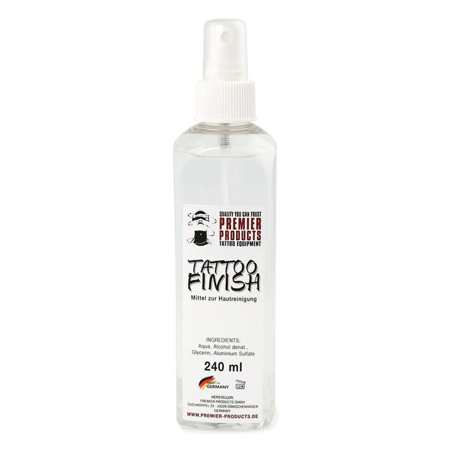 Transparente 240 ml Sprühflasche mit Tattoofinish-Logo auf weißem Hintergrund