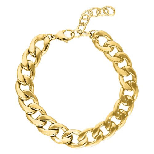 Glänzendes, goldfarbenes Chunky Armband aus Chirurgenstahl auf weißem Hintergrund