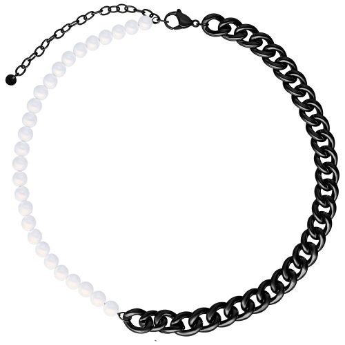 Chunky Pearl Kette mit schwarzen Metallgliedern und weißen Perlen auf weißem Hintergrund