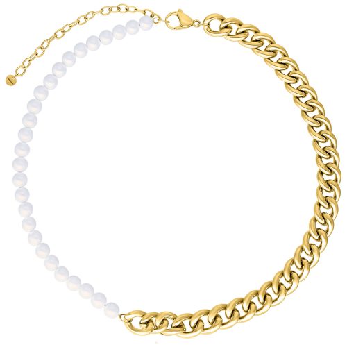 Chunky Halskette mit goldener Metallkette und Perlen auf weißem Hintergrund