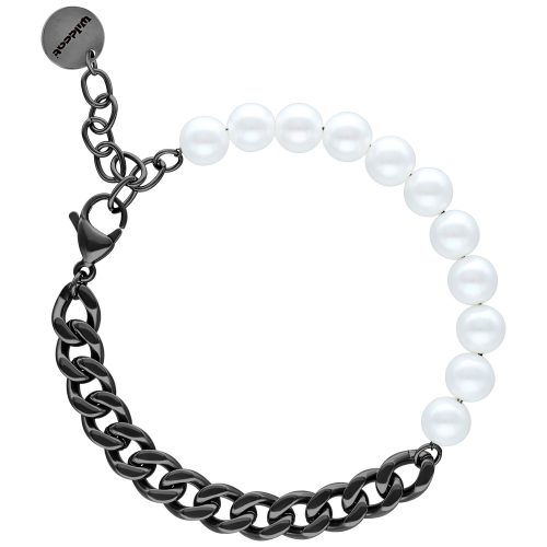 Unisex Armband mit weißen Perlen und schwarzer Metallkette auf weißem Hintergrund