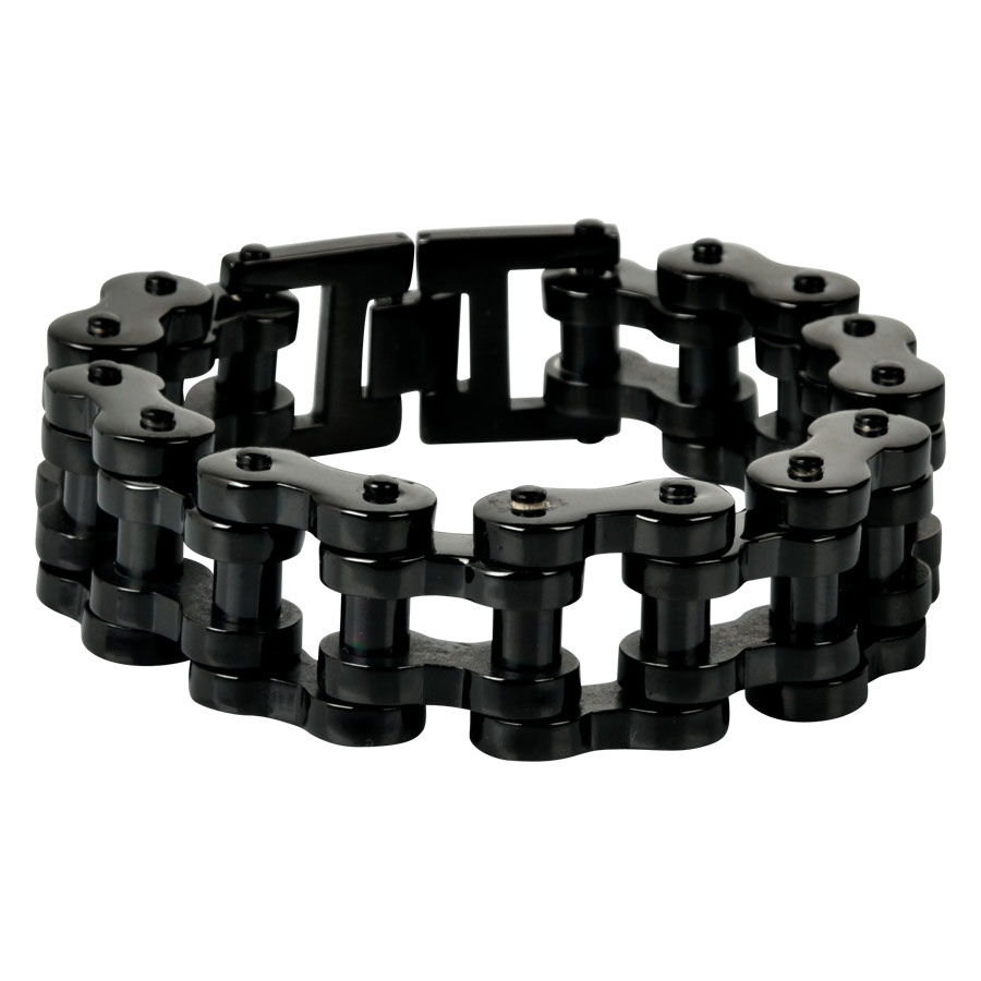 Schwarzes Bikechain Armband aus Chirurgenstahl 316L auf weißem Hintergrund