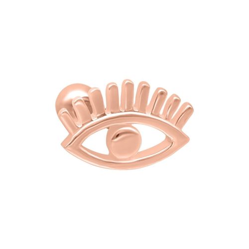 Ohr Barbell in Roségold mit einem stilisierten Auge und Wimpern auf weißem Hintergrund
