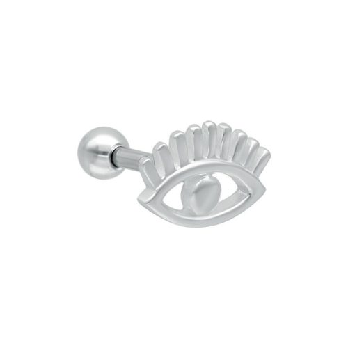 Silbernes Ohrpiercing in Form eines Auges mit Wimpern, auf weißem Hintergrund