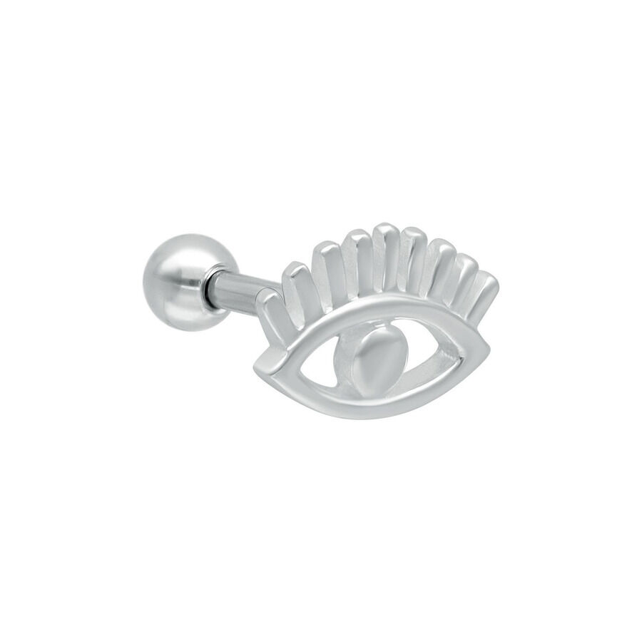Silbernes Ohrpiercing in Form eines Auges mit Wimpern, auf weißem Hintergrund