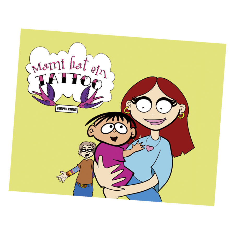Cartoon-Buchcover mit Mama, Kind und Titel 'Mami hat ein Tattoo', gelber Hintergrund