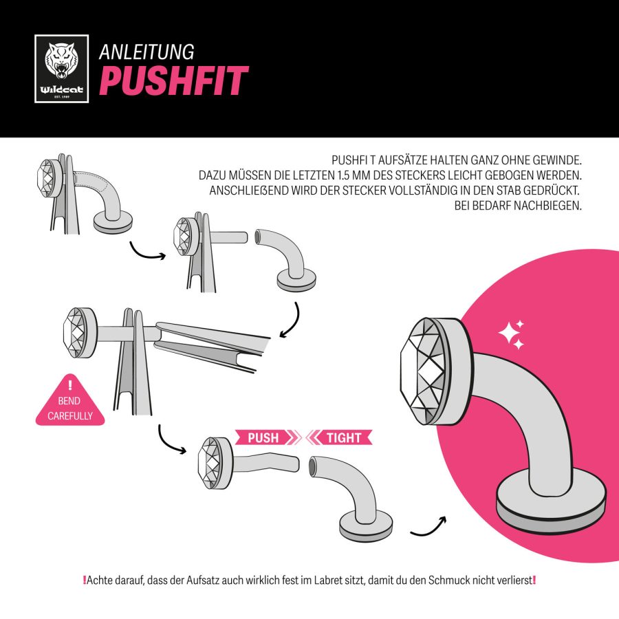 Illustration der Push Fit Anleitung für Labret mit Biegung und Stecker