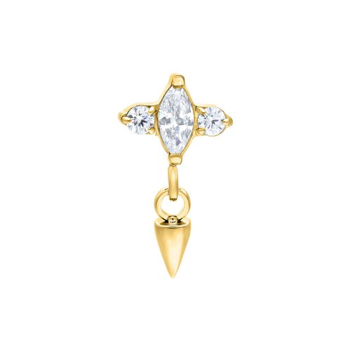 Goldener Piercingaufsatz mit drei klaren Kristallen und Spike