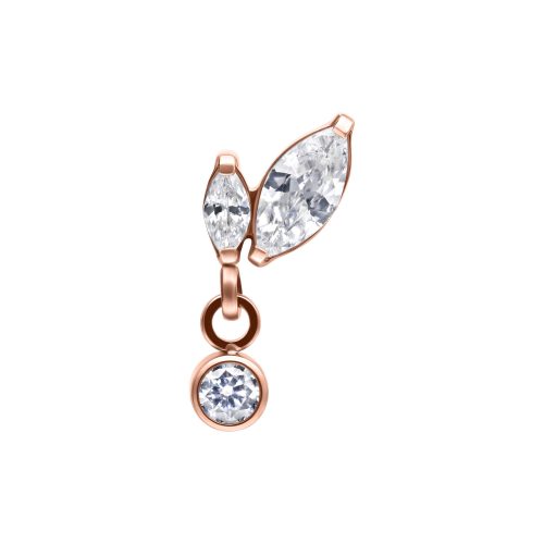 Roségoldener Piercing Aufsatz mit zwei Marquise-Kristallen und einem hängenden Kristall auf weißem Hintergrund