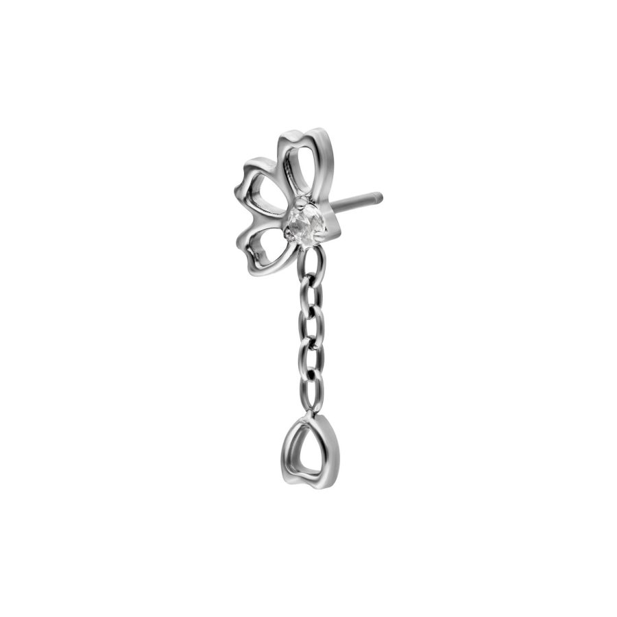 Silberner Piercing-Aufsatz in Blumenform mit Kristallkette auf weißem Hintergrund
