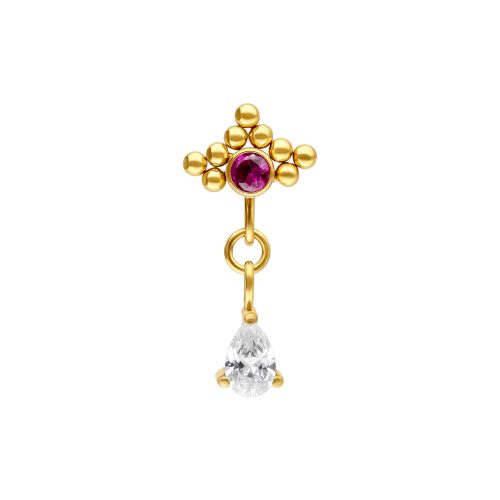 Goldener Piercing-Aufsatz mit rubinrotem Stein und ovalem Anhänger auf weißem Hintergrund