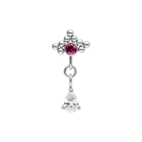 Silberner Piercing-Aufsatz mit rotem Kristall und ovalem Anhänger auf weißem Hintergrund.