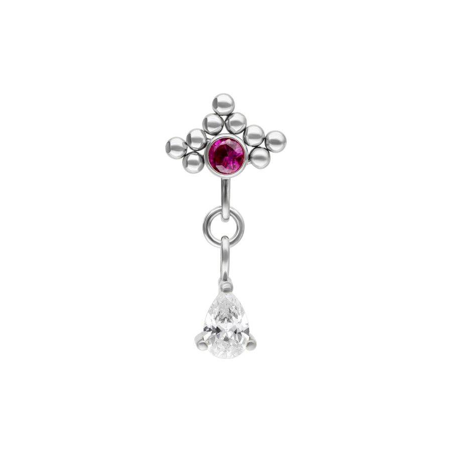 Silberner Piercing-Aufsatz mit rotem Kristall und ovalem Anhänger auf weißem Hintergrund.