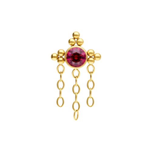 Goldener Piercing-Aufsatz mit rotem Kristall und Ketten auf weißem Hintergrund