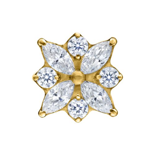 Goldener Push Fit Crystal Blossom Aufsatz mit klaren Kristallen auf weißem Hintergrund