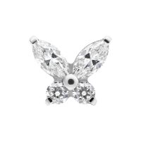 Schmetterlingsförmiger Push Fit Aufsatz aus Titan, glitzernde Kristalle, silberner Hintergrund