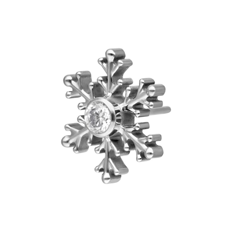 Silberner Schneeflocken-Piercingaufsatz mit klarem Kristall auf weißem Hintergrund