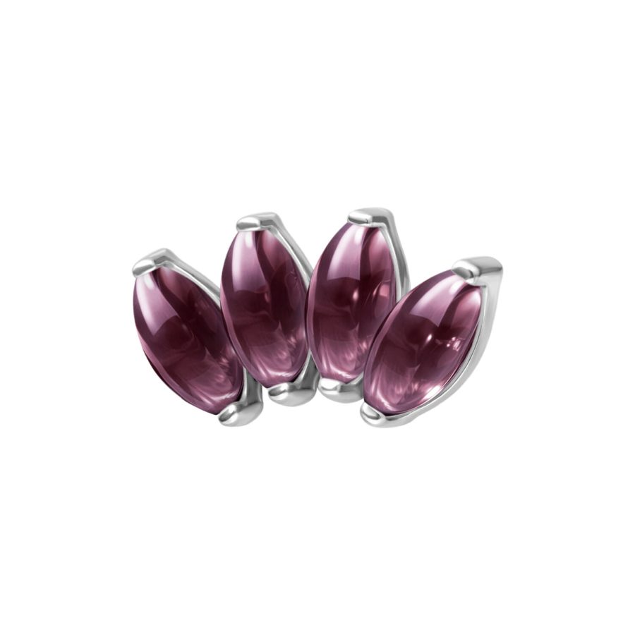 Vier silberne Aufsätze mit lila Amethysten auf weißem Hintergrund