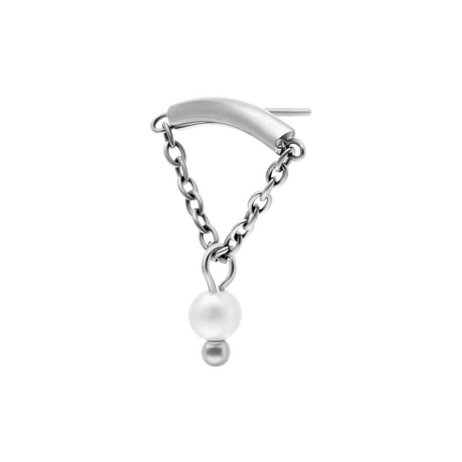 Silberfarbener Helix Push Fit Aufsatz mit Kette und Perle auf weißem Hintergrund