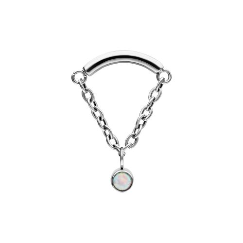 Silberner Helix Piercing Aufsatz mit Kette und synthetischem Opal auf weißem Hintergrund