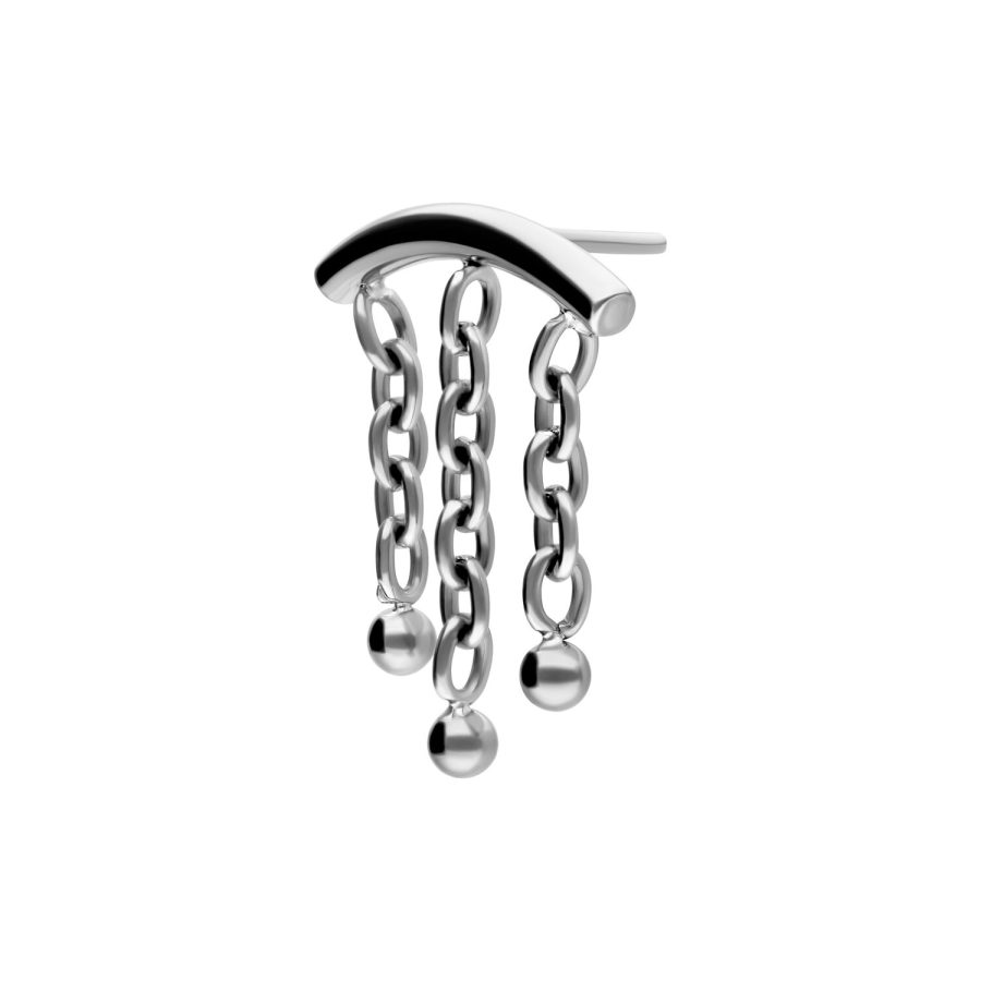 Silberner Piercing-Aufsatz mit drei Ketten und Kugeln auf weißem Hintergrund