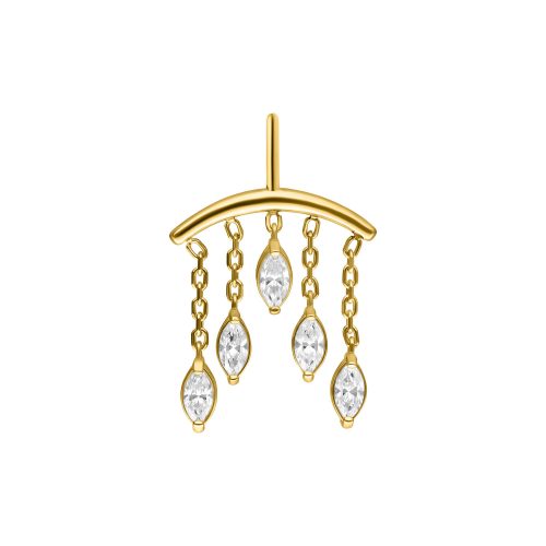 Goldener Piercingaufsatz mit fünf hängenden Kristallen auf weißem Hintergrund
