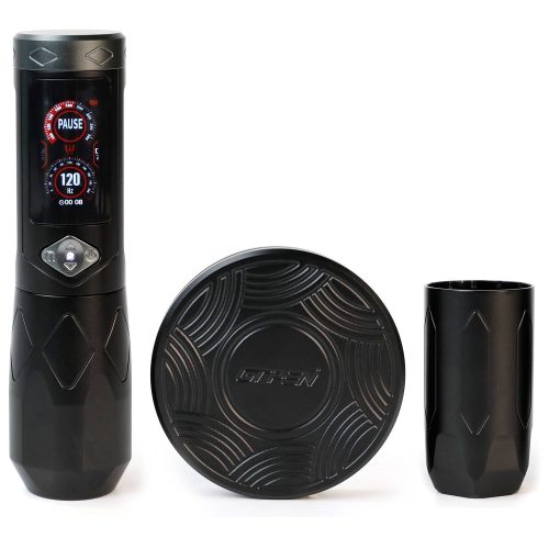 Grauer GTR Wireless Tattoo Pen mit abnehmbarem Griff auf weißem Hintergrund