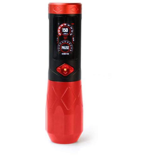 Roter Tattoo Pen mit schwarzem Griff und Digitalanzeige auf weißem Hintergrund