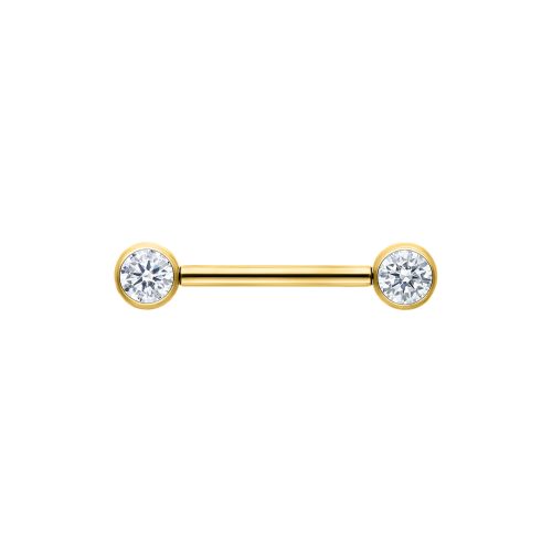 Goldenes Muse Barbell mit kristallklaren Enden auf weißem Hintergrund