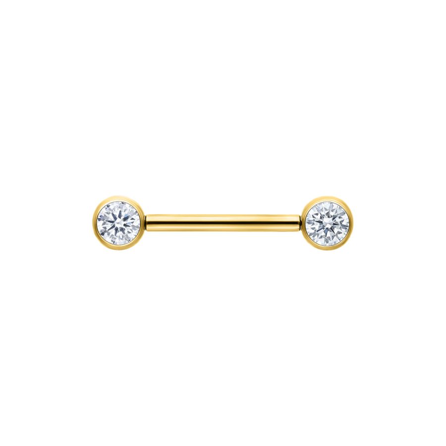 Goldenes Muse Barbell mit kristallklaren Enden auf weißem Hintergrund