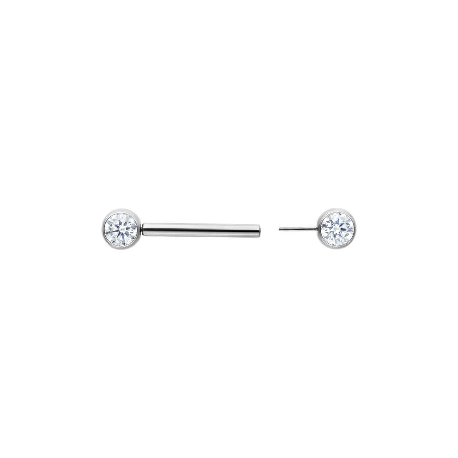 Silbernes Barbell mit klarem Kristall, Länge 14 mm, auf weißem Hintergrund