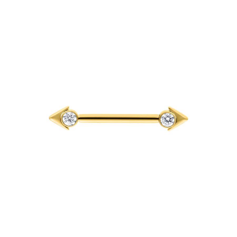 Goldener Nippel Barbell mit Pfeilspitzen und Kristallen, 16 mm Länge