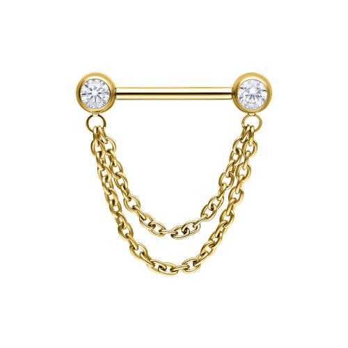 Goldene Barbell mit zwei Ketten und glitzernden Steinenden auf weißem Hintergrund