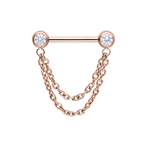 Roségoldener Barbell mit zwei Ketten und Kristallen auf weißem Hintergrund