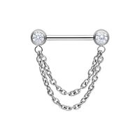 Silberner Nippel Barbell aus Titan mit zwei glänzenden Zirkonia und doppelt hängenden Ketten auf weißem Hintergrund