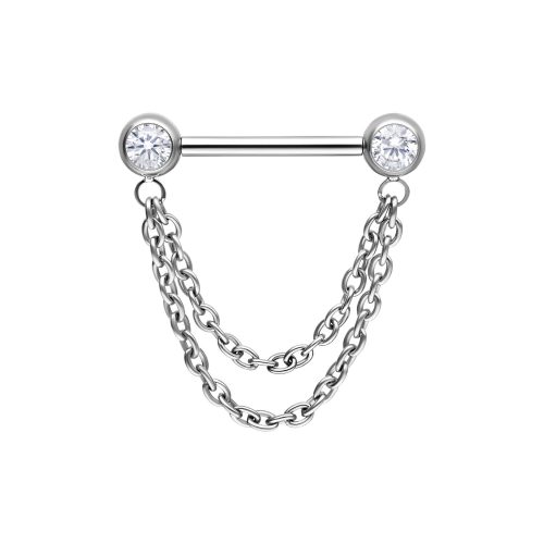 Silberner Nippel Barbell aus Titan mit zwei glänzenden Zirkonia und doppelt hängenden Ketten auf weißem Hintergrund