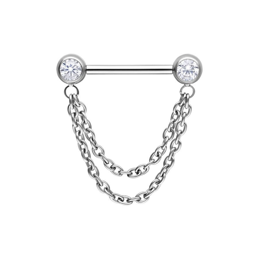 Silberner Nippel Barbell aus Titan mit zwei glänzenden Zirkonia und doppelt hängenden Ketten auf weißem Hintergrund