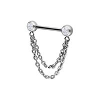 Silberner Nippel Barbell mit zwei Ketten und Kristallen auf weißem Hintergrund