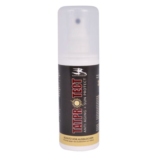 Tatprotect Flasche mit schwarzem Etikett und Sprühkopf auf weißem Hintergrund